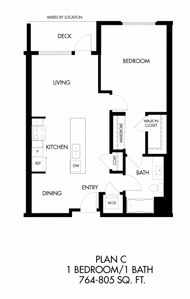 Floor plan for 1 bed, 1 bath, 807 sqft
